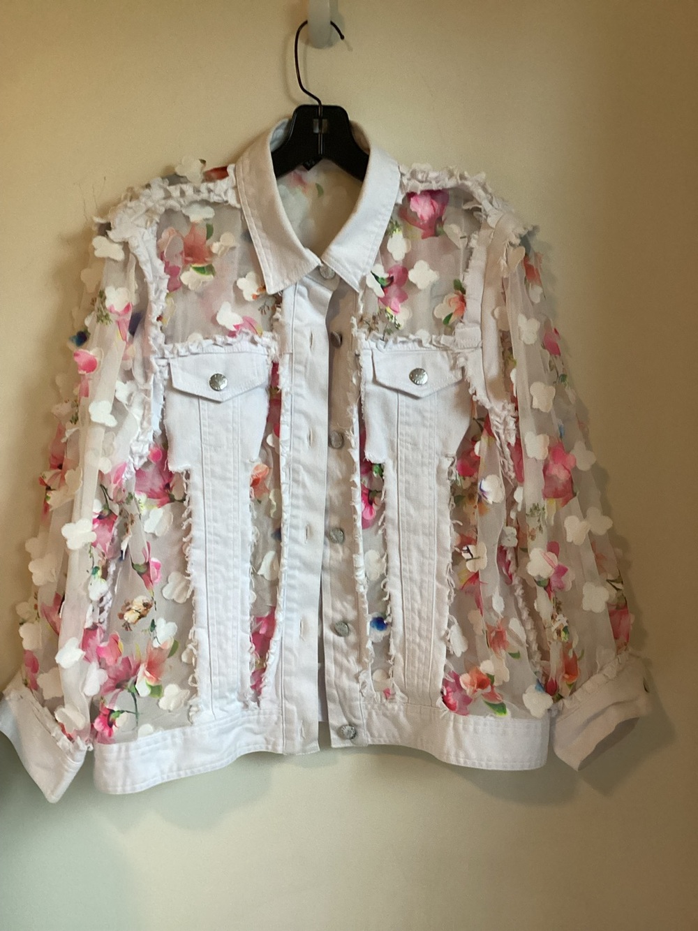 A.Z.I  Floral Mesh Jacket Large White Denim 3D Applique Romantic Sheer Sleeve
